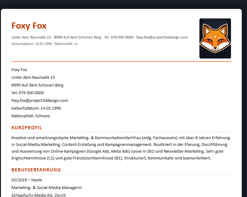 ApplyFox — ATS-sichere CV-Vorlage mit Foto