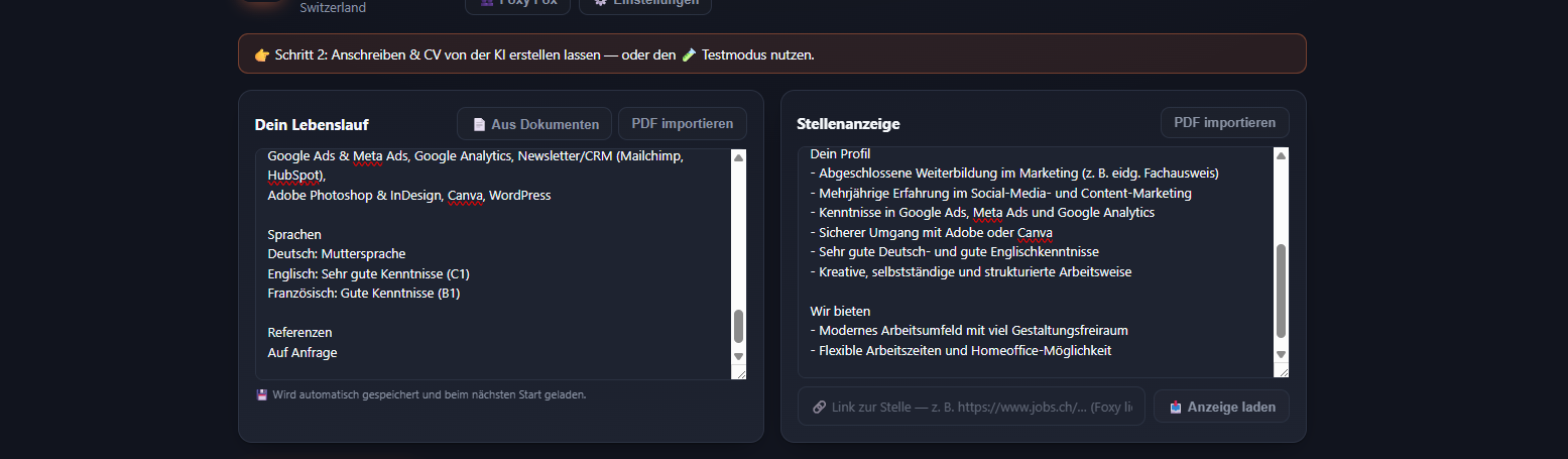 ApplyFox — Lebenslauf und Stellenanzeige einfügen